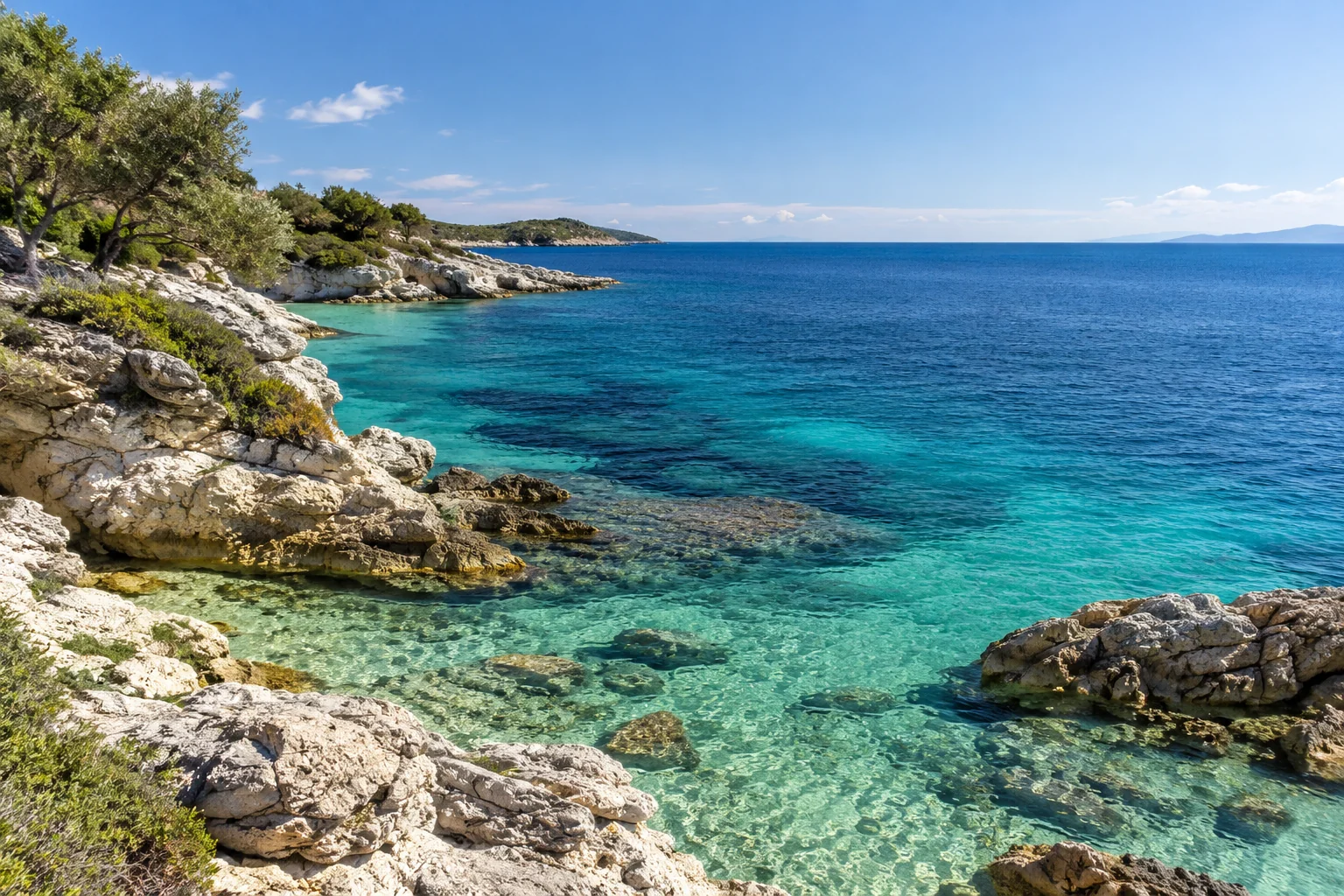 KI-Stimmungsbild einer mediterranen Felsküste mit türkisblauem Wasser